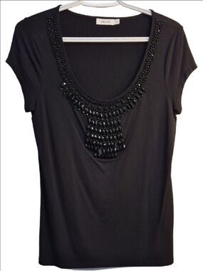 Laura Black Short Sleeve Scoop Neck Top With Beaded Bib